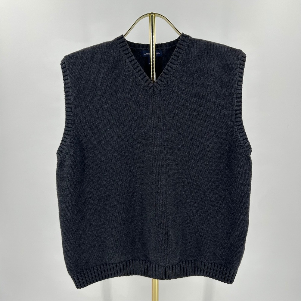 Lands End Mens XL Charcoal Gray 100% Cotton V-Neck Knit Sweater Vest RN 62830